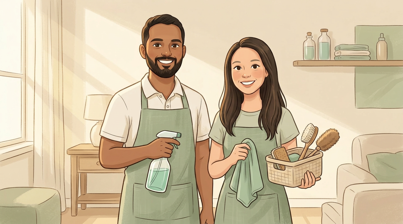 Illustrated portrait of Jay and Cici, founders of Regrow Cleaning, smiling and holding cleaning supplies