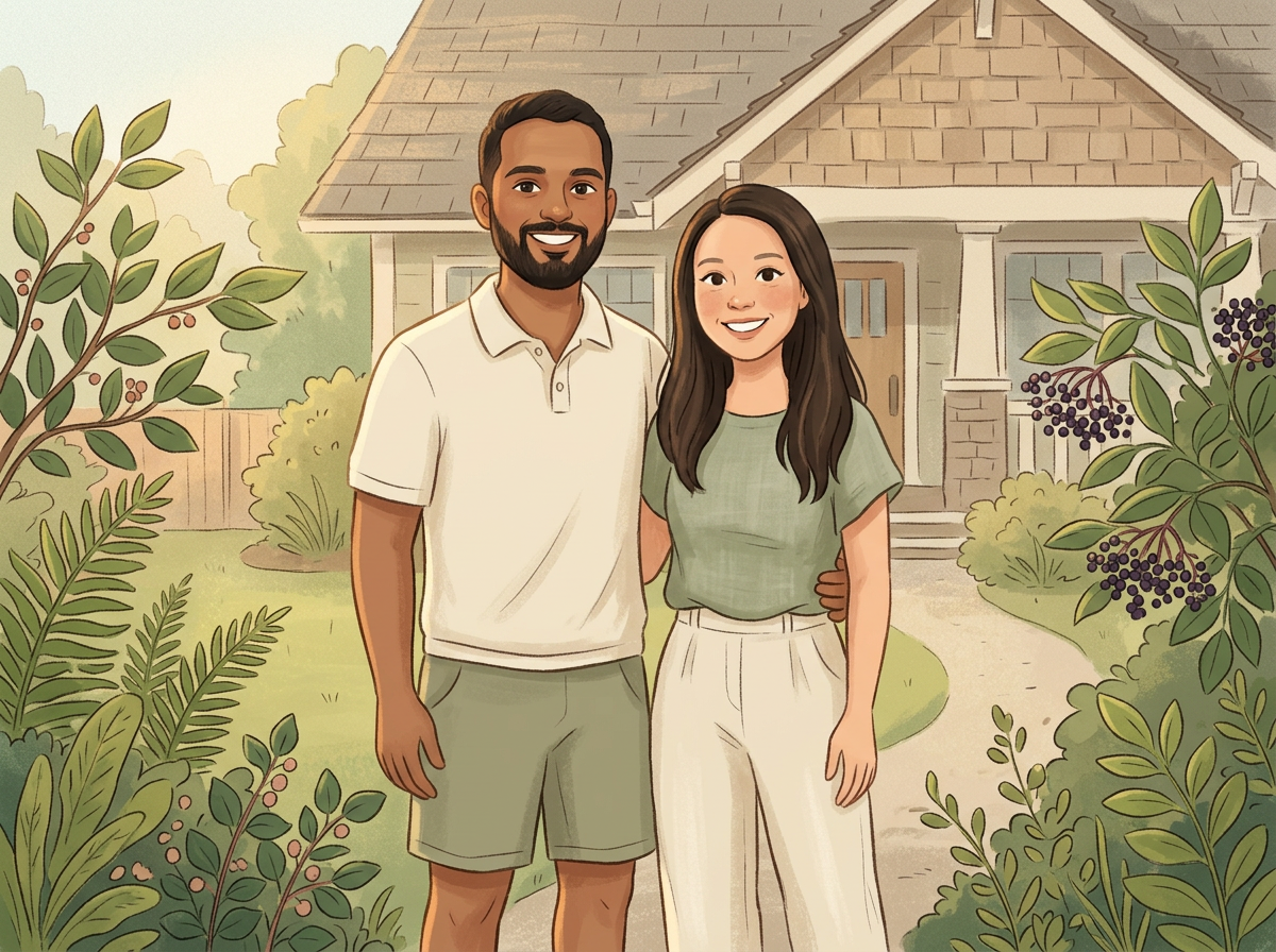 Illustrated portrait of Jay and Cici, the founders of Regrow Cleaning