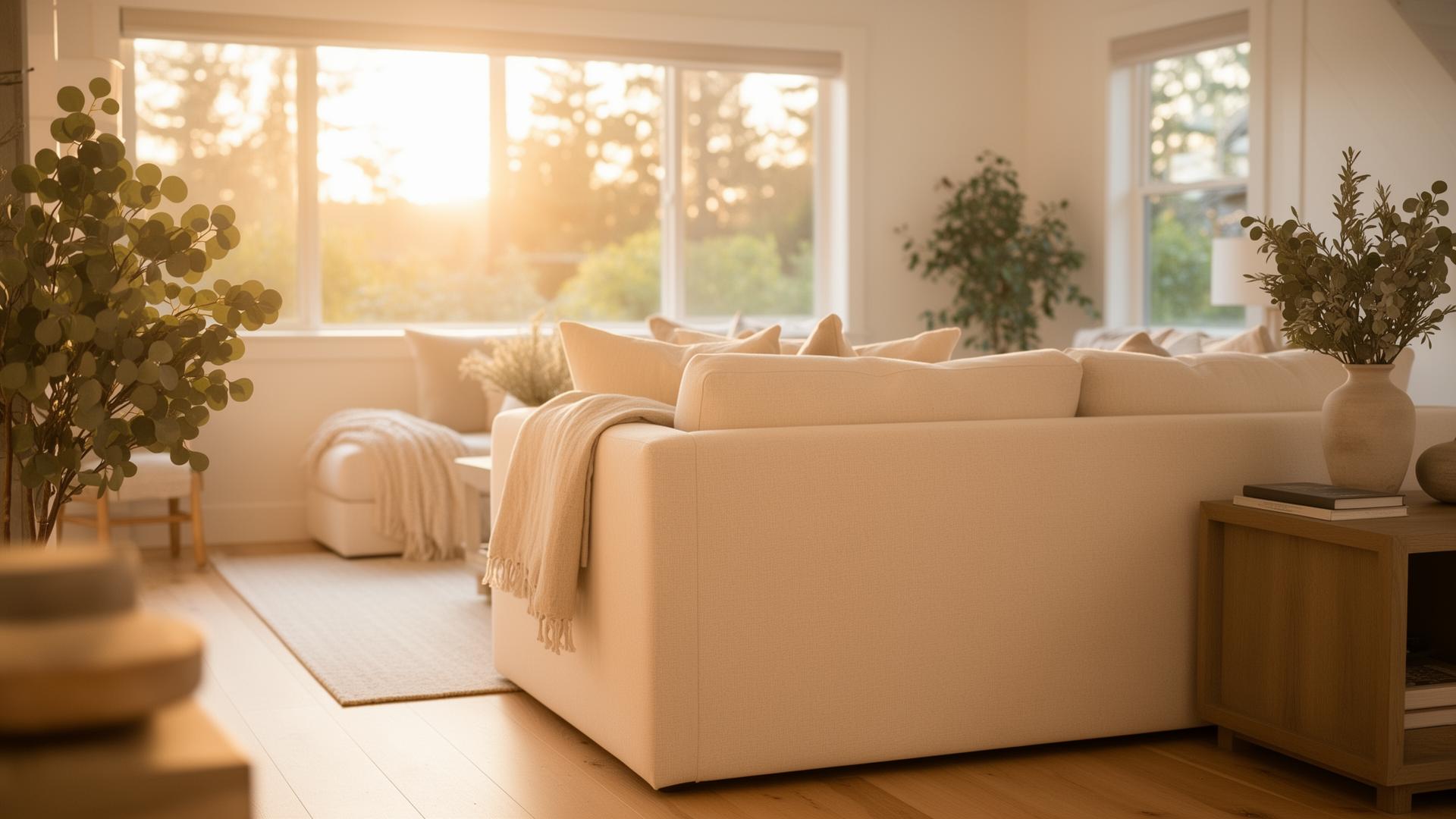 Sunlit Pacific Northwest living room at golden hour with eucalyptus and warm natural light