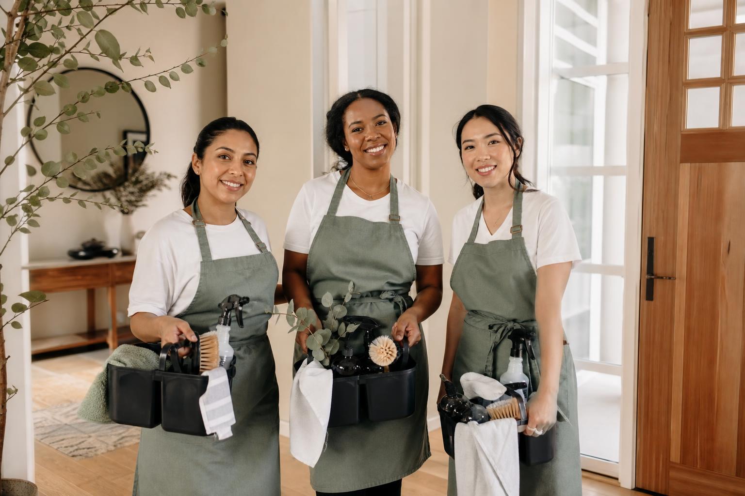 The Regrow Cleaning team in sage green aprons, ready to clean a Hillsboro home