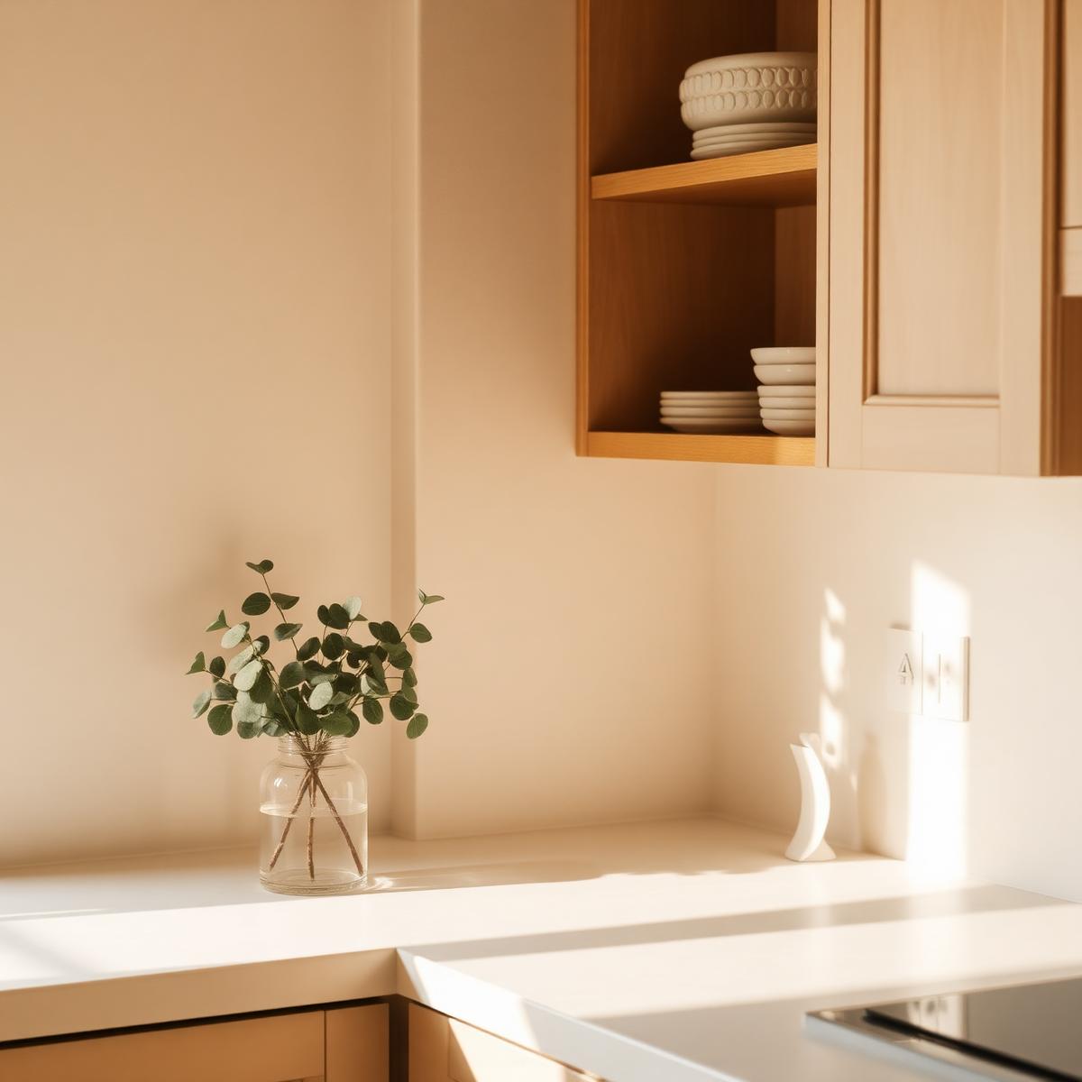 Calm sunlit kitchen corner with eucalyptus and warm light